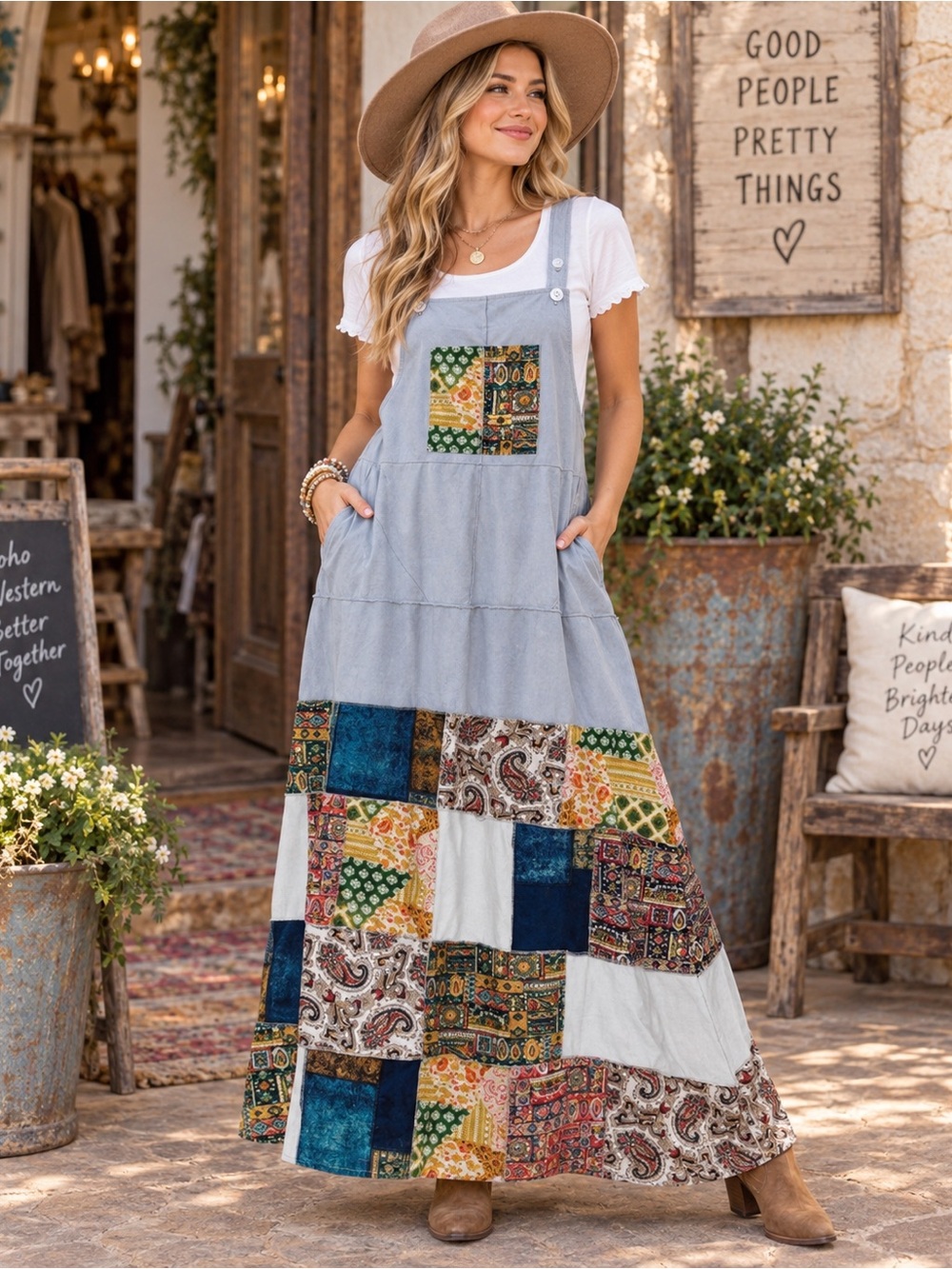 HIPPIE BOHO PRINT PATCHWORK
OVERALL DRESS. (White tshirt not included)